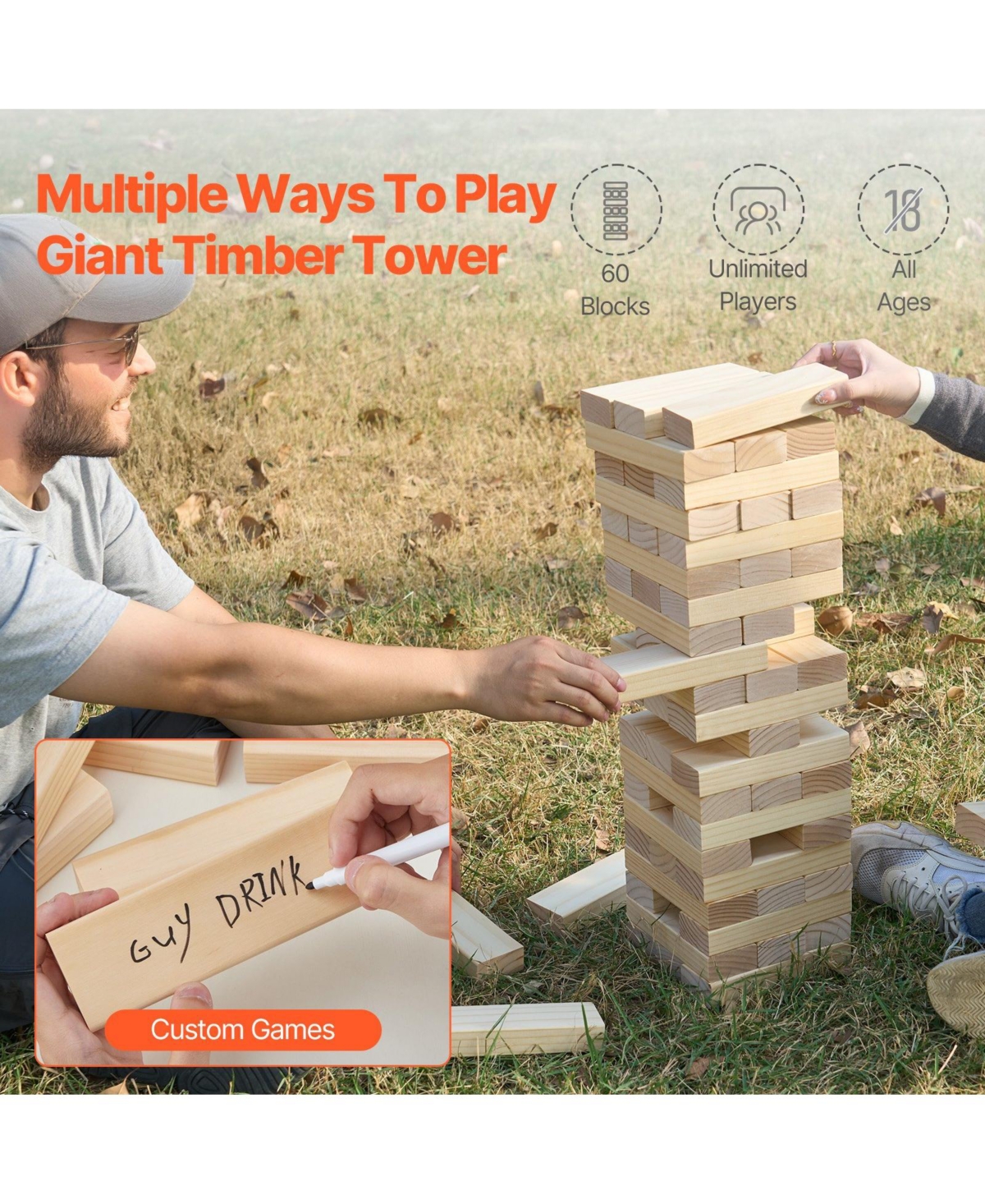 Mecale Giant Tumbling Tower 60 Pine Wood Blocks with Storage Crate