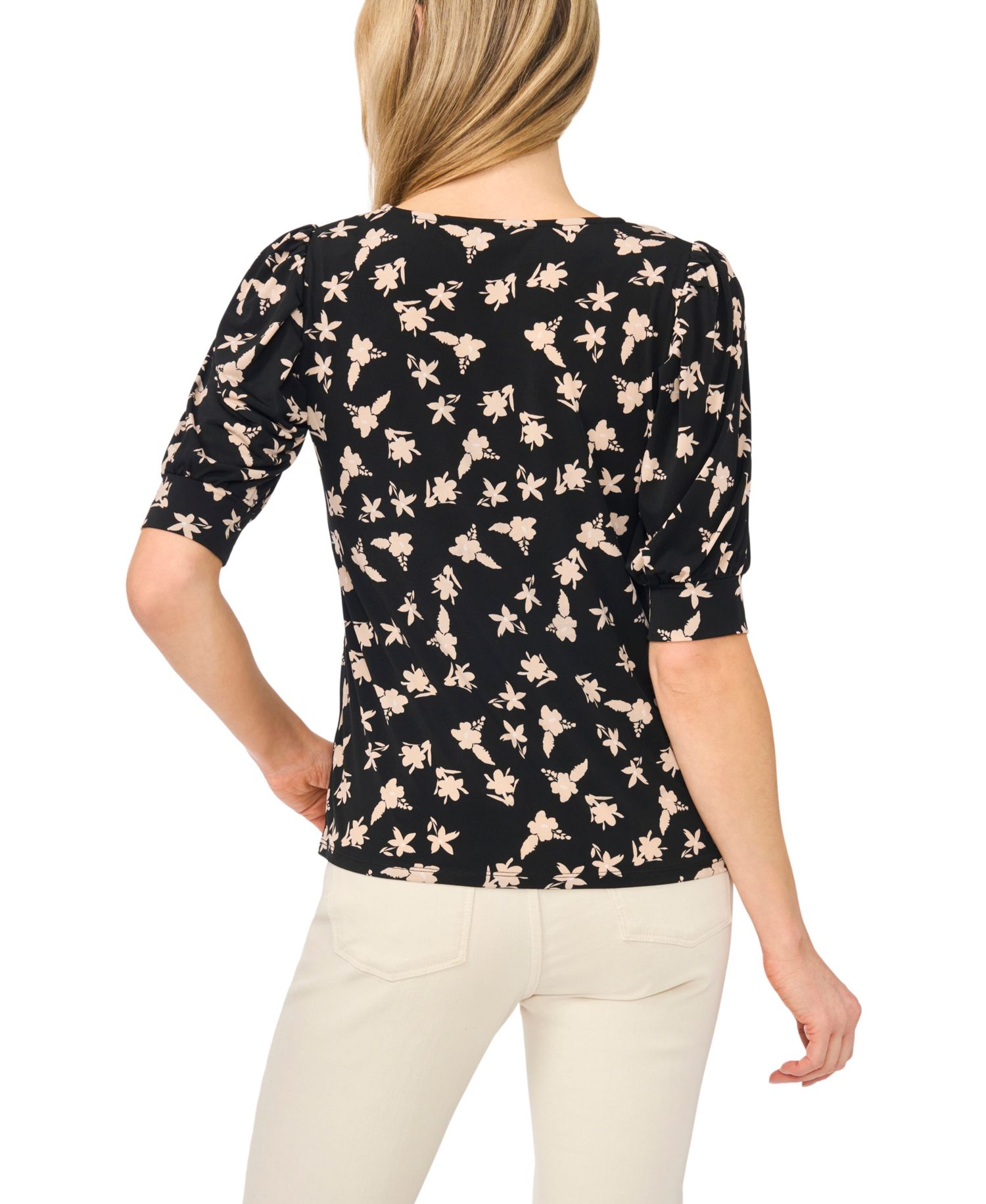 Women's Floral Crewneck 3/4-Sleeve Shirred Top