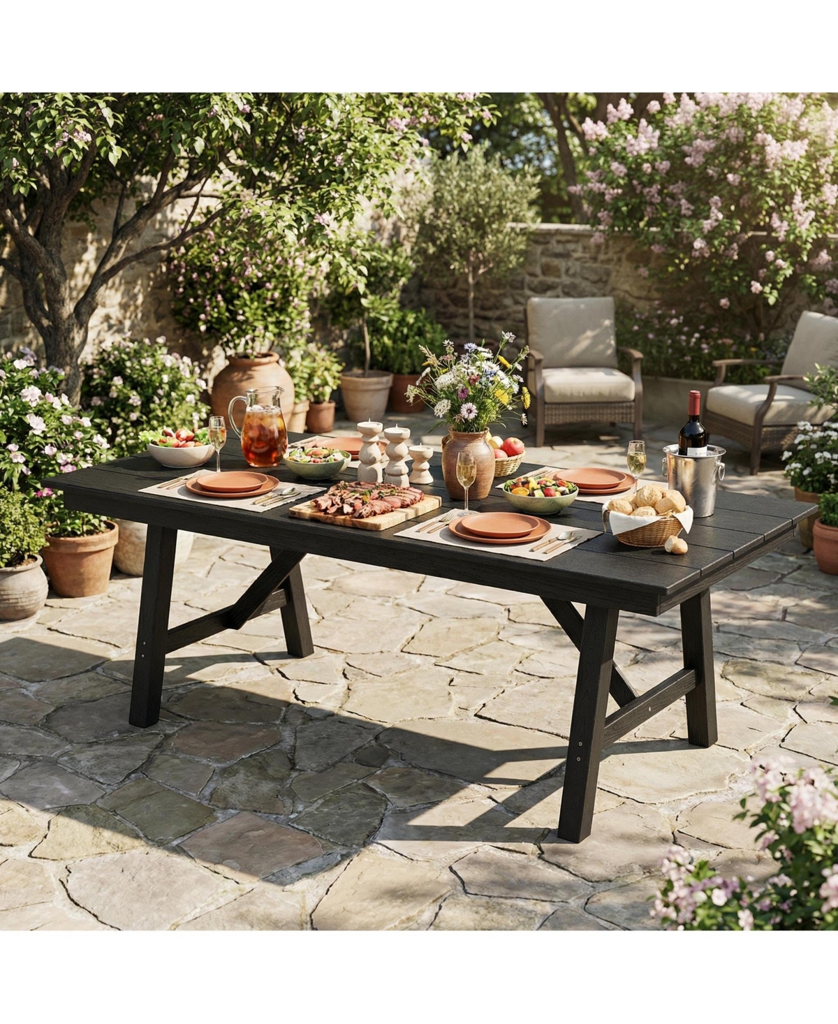 GarveeLife Outdoor Dining Table Set for 6, 7-Piece Patio Hdpe Slatted Table and Chairs Set with Umbrella Hole