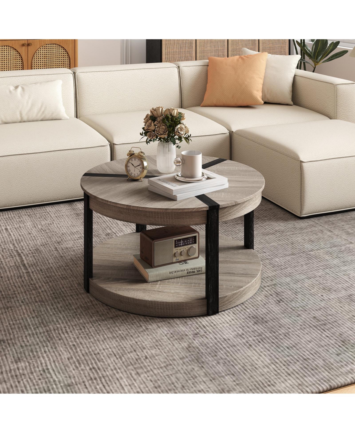 Slickblue Modern Rubber Wood Coffee Table 2-Tier Round Design with Storage Shelf