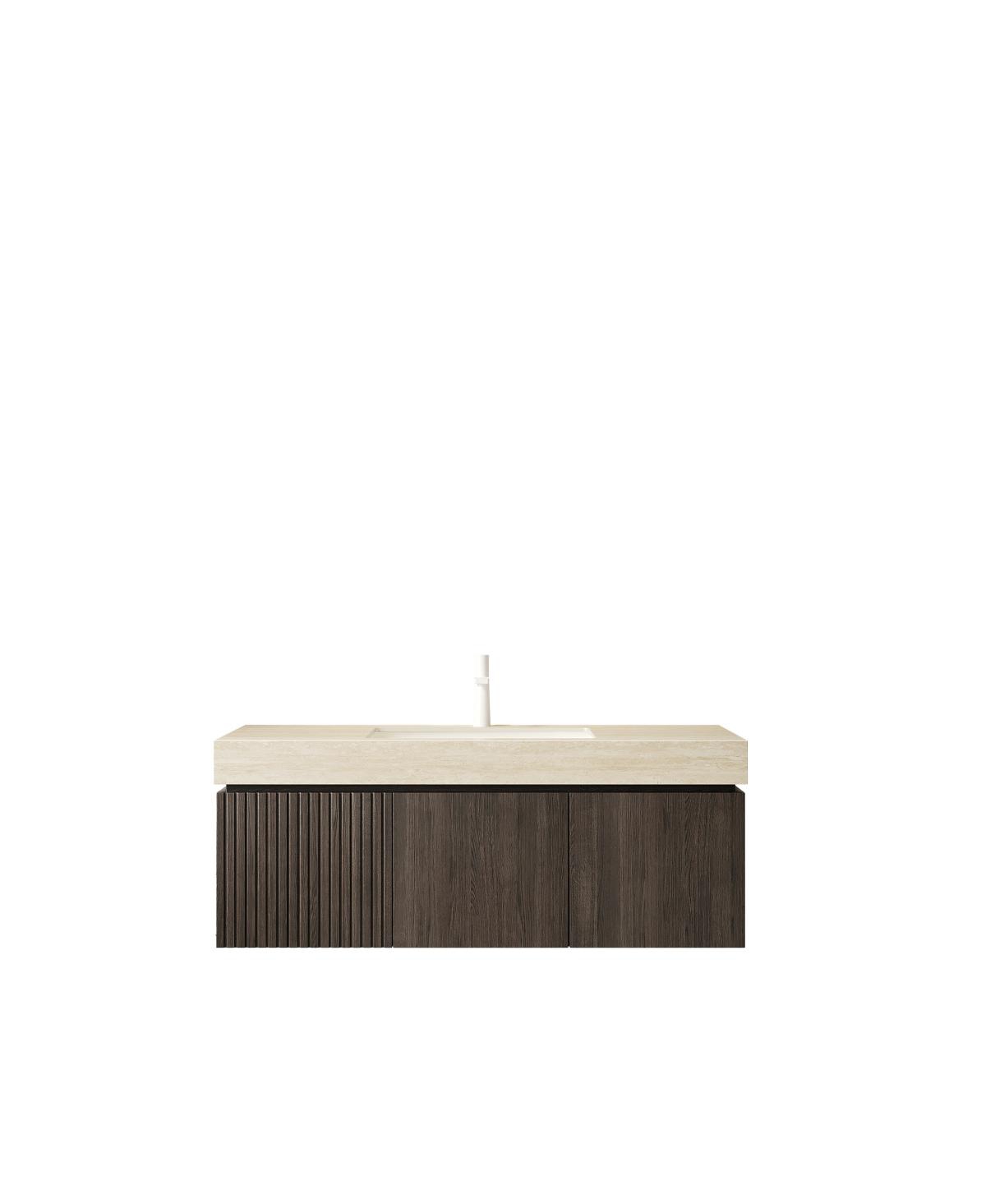 Sillysis Floating Bathroom Vanity with Roma Travertine Sintered Stone Top, Ceramic Sink, Soft Close Storage