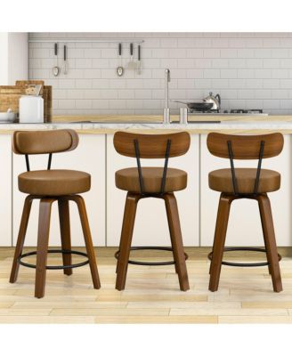 26 inches Swivel Bar Stools Set of 3, Counter Height Bar Stools with Faux Leather Upholstered Pad Wood Back for Kitchen Island, Cafe
