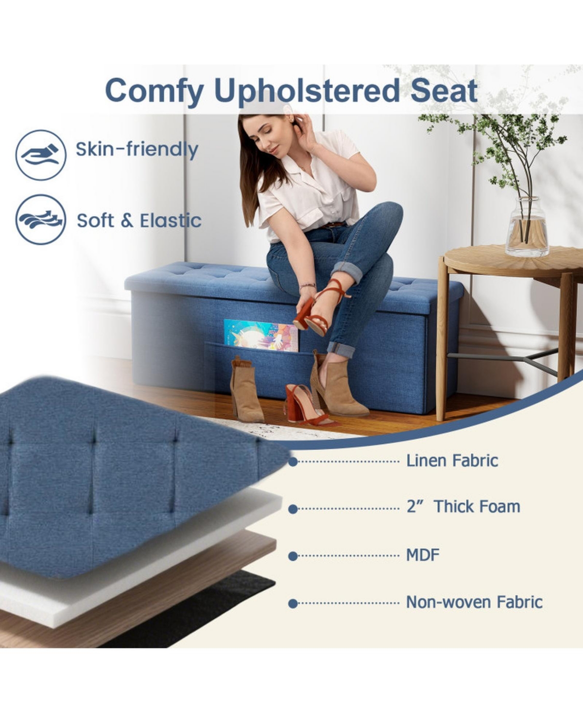 Gouun 43 in Folding Storage Ottoman Bench with Padded Linen Seat