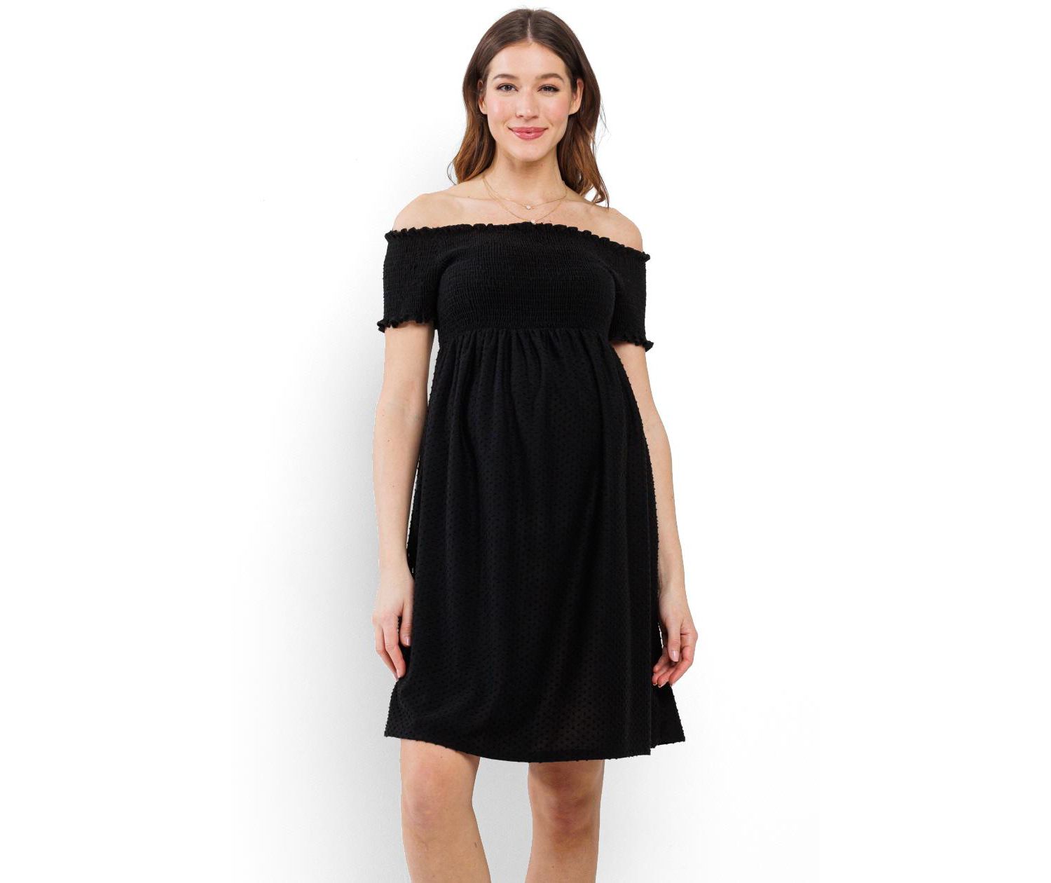 Women's Off-the-Shoulder Smocked Swiss Dot Dress with Pockets