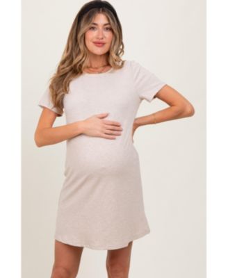 Maternity Beige Ribbed Knit Basic Short Sleeve T-Shirt Dress