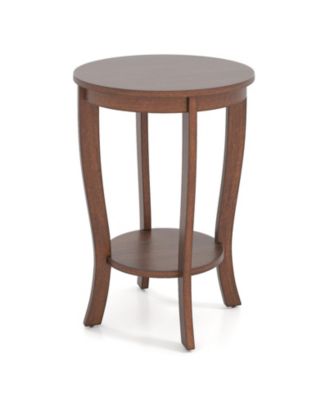 Round Side Table with 2-Tier Storage and Solid Wood Legs for Bedroom or Living Room