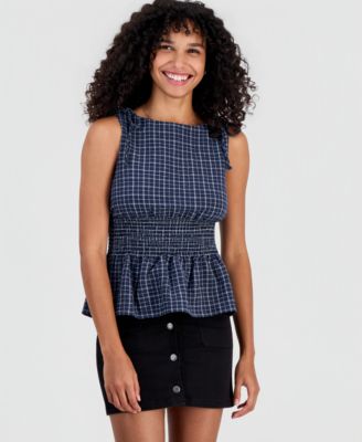 Juniors' Plaid Smocked-Back Tank
