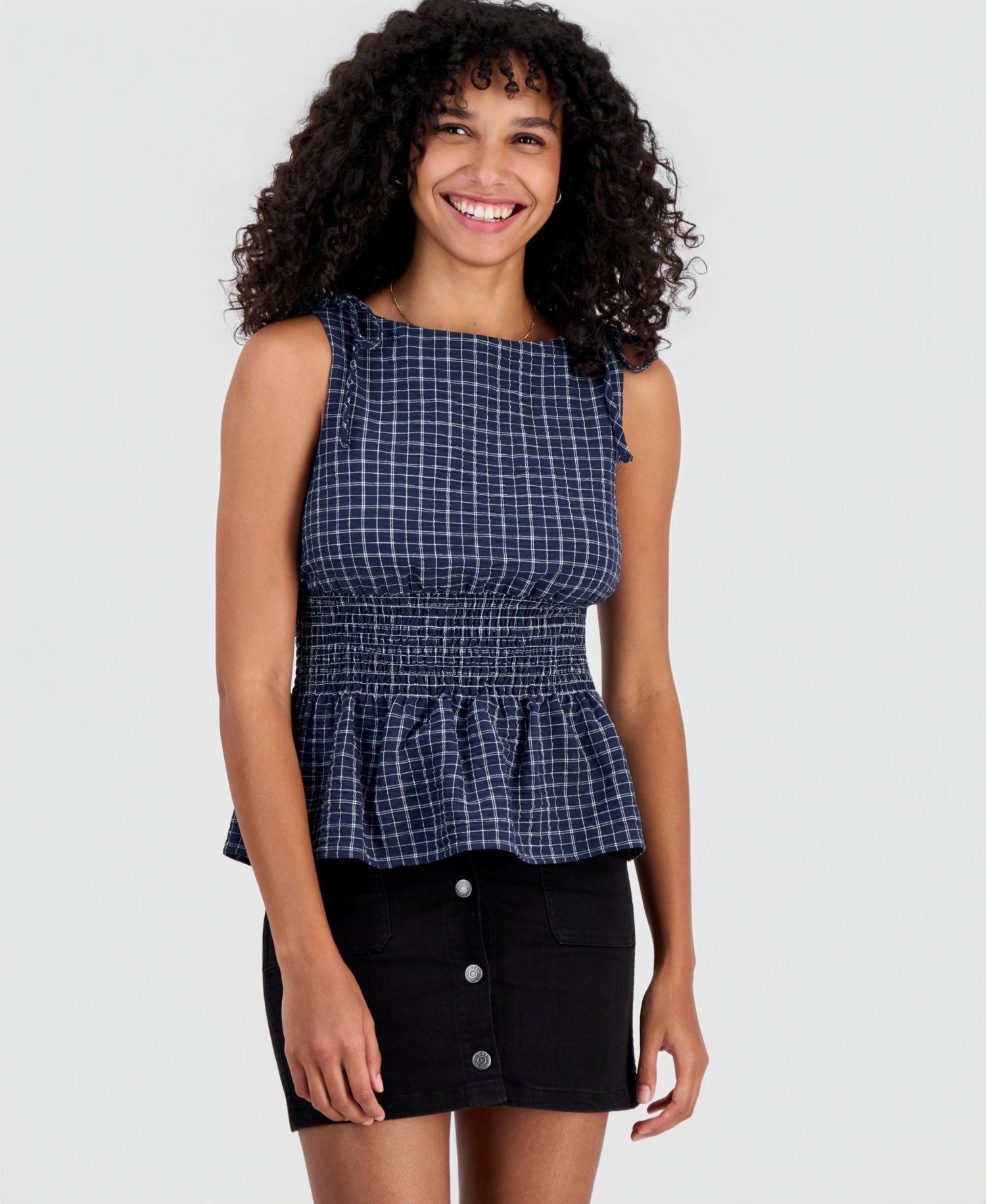 Juniors' Plaid Smocked-Back Tank