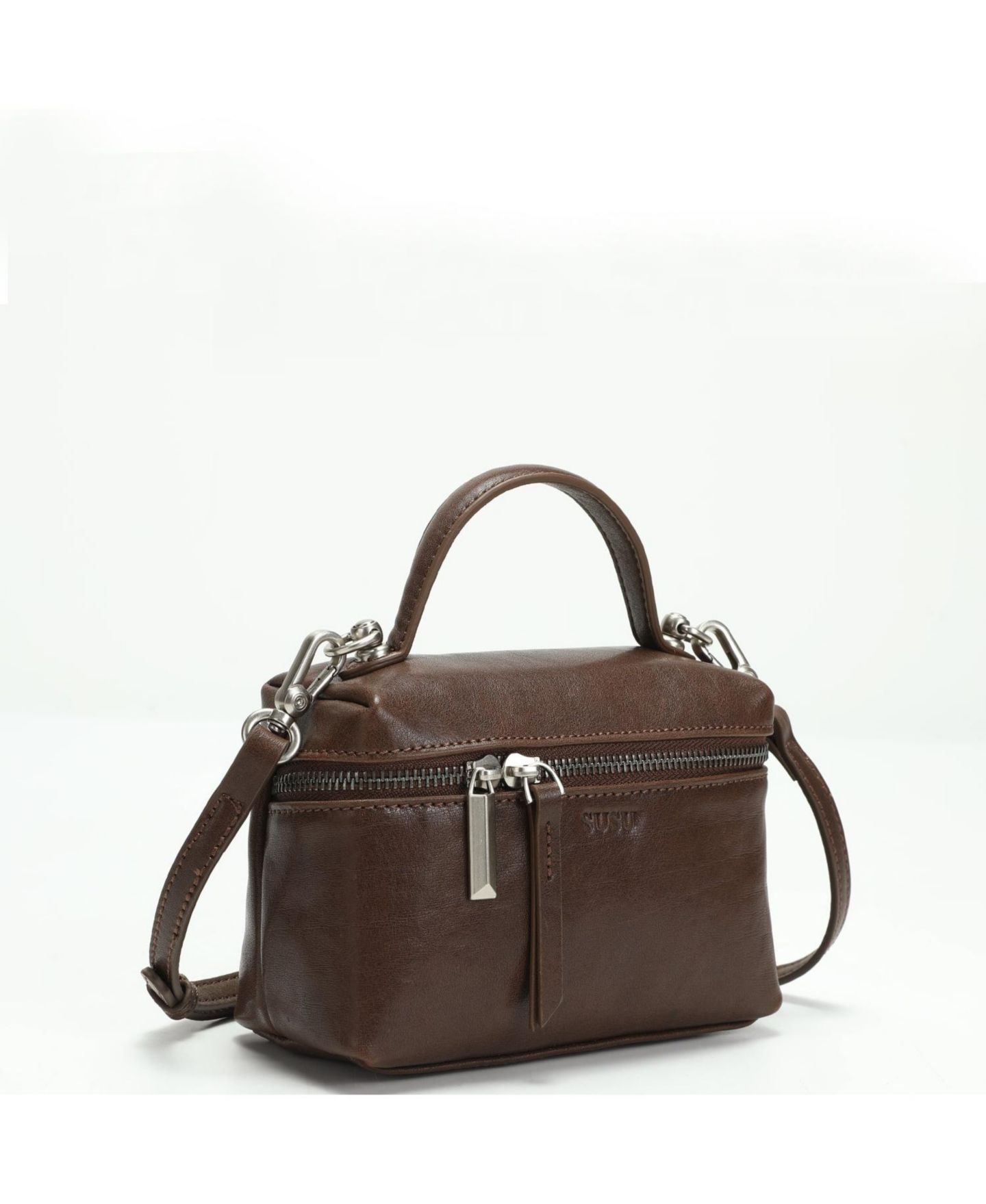 Женская сумка SUSU Bella Vintage Leather Vanity Case Crossbody, Mini Box Top Handle Small Box Purse, цвет: Шоколадный коричневый / Тёмно-коричневый — фото 4