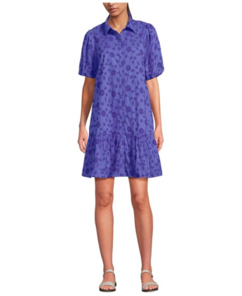 Женское платье Lands' End Elbow Sleeve Eyelet Knee Length Shirt Dress, цвет: Фиолетовый с принтом