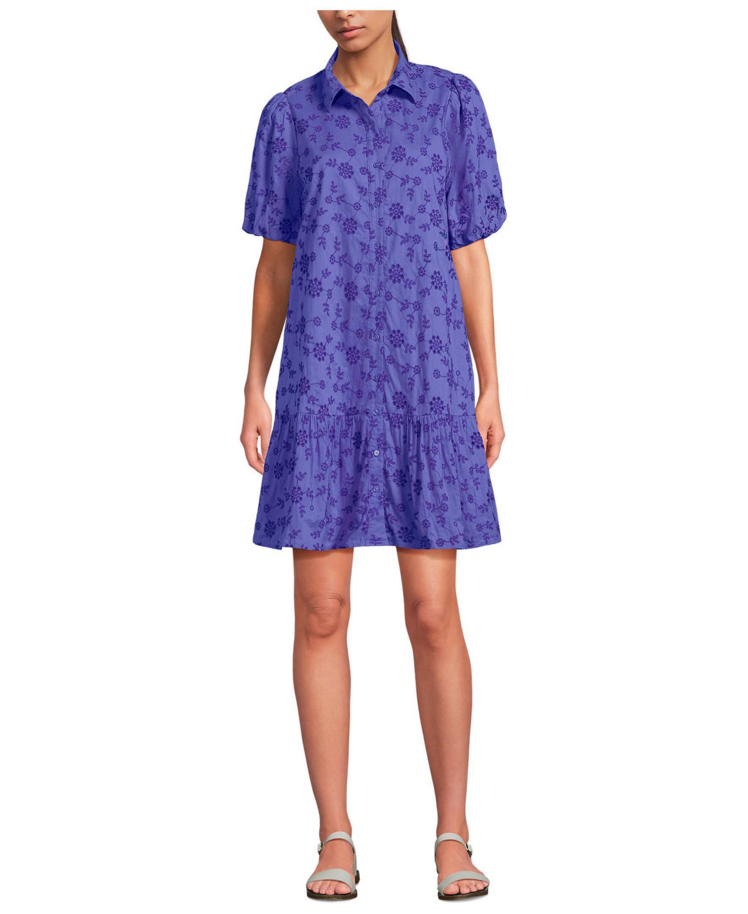 Women's Elbow Sleeve Eyelet Knee Length Shirt Dress