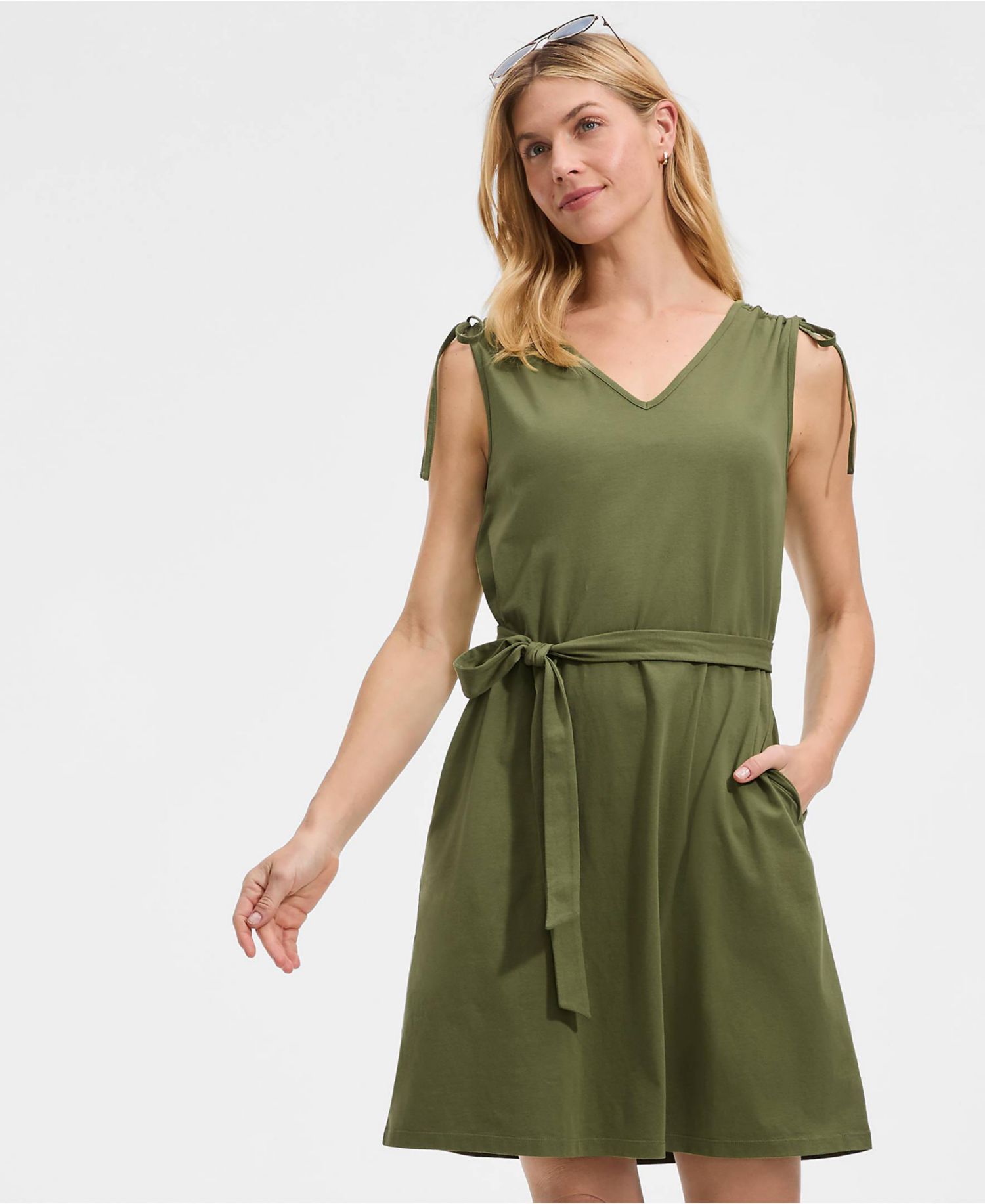 Women's Cotton Jersey Shoulder Tie Belted Mini Dress