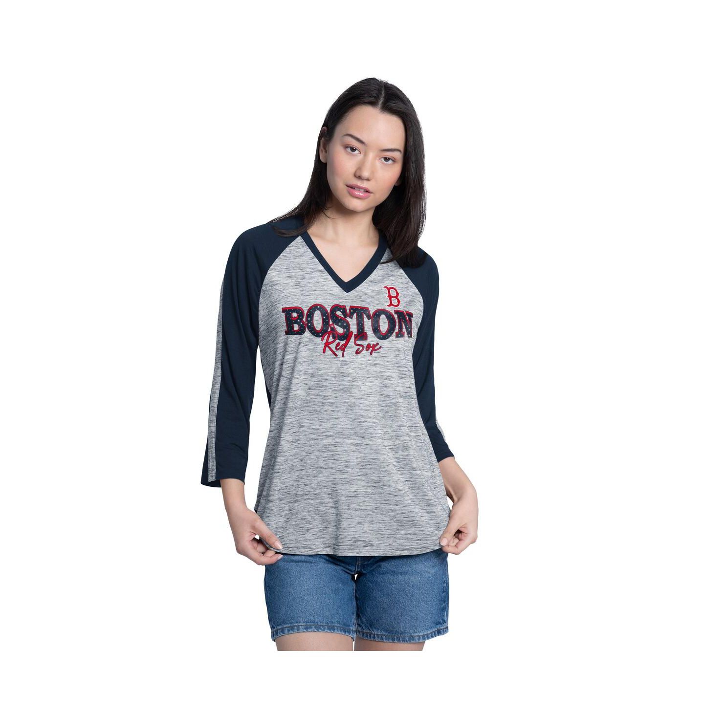 Женская футболка G-III 4Her by Carl Banks Navy/Heather Navy Boston Red Sox Speed Training 3/4-Sleeve Rhinestone V-Neck — фото 1