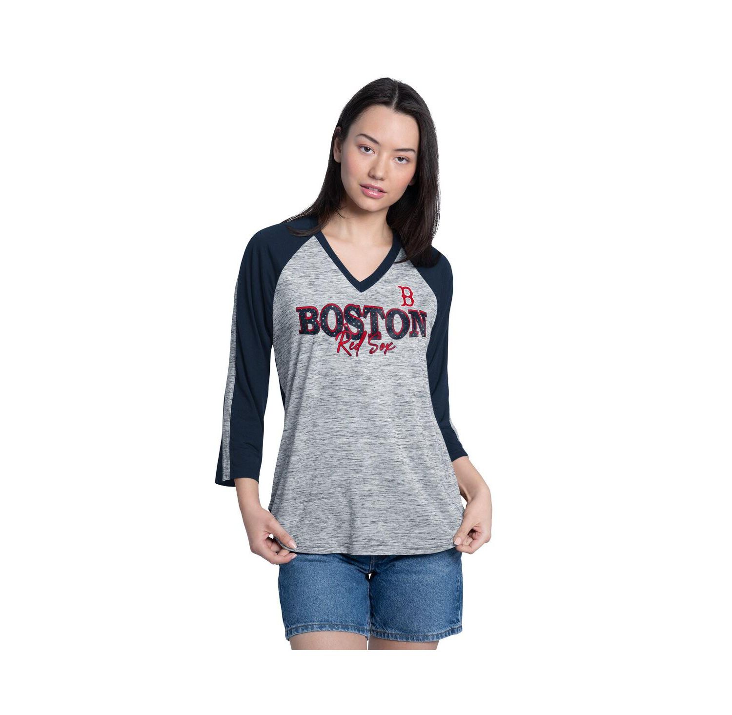 Women's Navy/Heather Navy Boston Red Sox Speed Training 3/4-Sleeve Rhinestone V-Neck T-Shirt