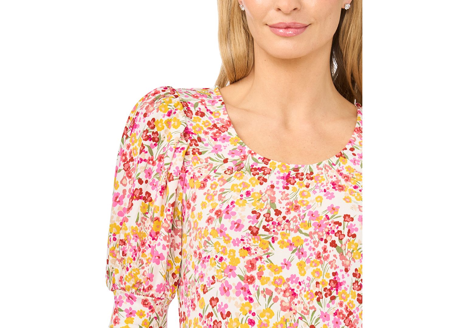 Women's Floral Crewneck 3/4-Sleeve Shirred Top