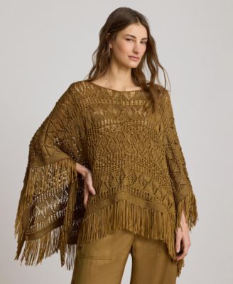 Women's Fringe-Trim Oversized Boat Neck Poncho