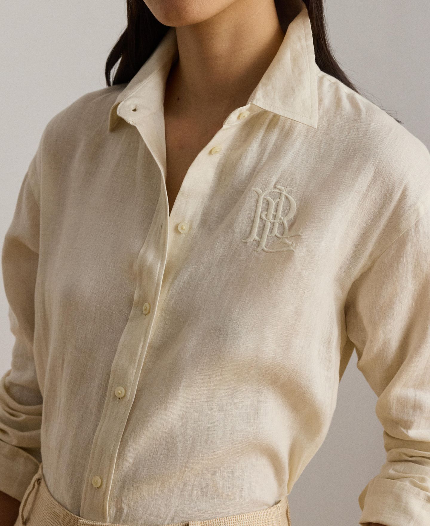 Женская рубашка Lauren Ralph Lauren Buttoned Placket Long-Sleeve Linen, цвет: Кремовый — фото 3