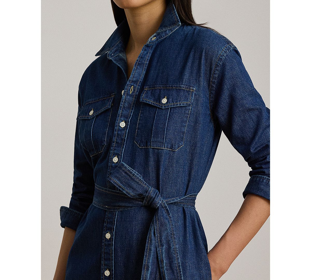 Lauren Ralph Lauren Women's Collared Belted Denim Midi Shirt-Dress view 3 — MAYCSS fashion products
