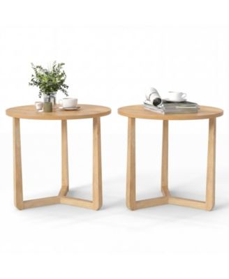 2 piece Round Side Table w/Sturdy Rubber Wood Legs Triangular Structure for Bedroom