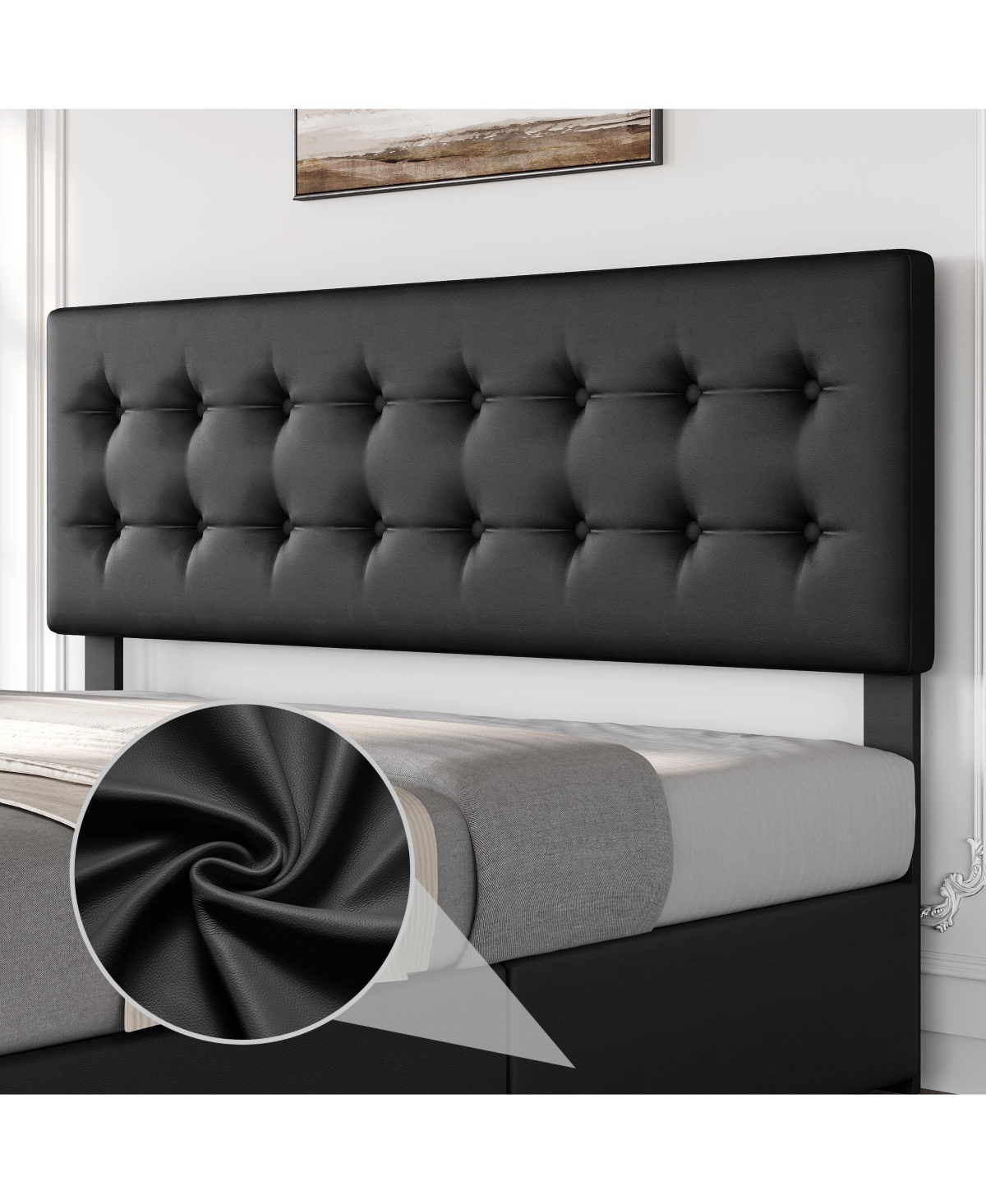 Homfan Upholstered Platform Bed Frame with 4 Storage Drawers, Button Tufted Headboard, Wooden Slats