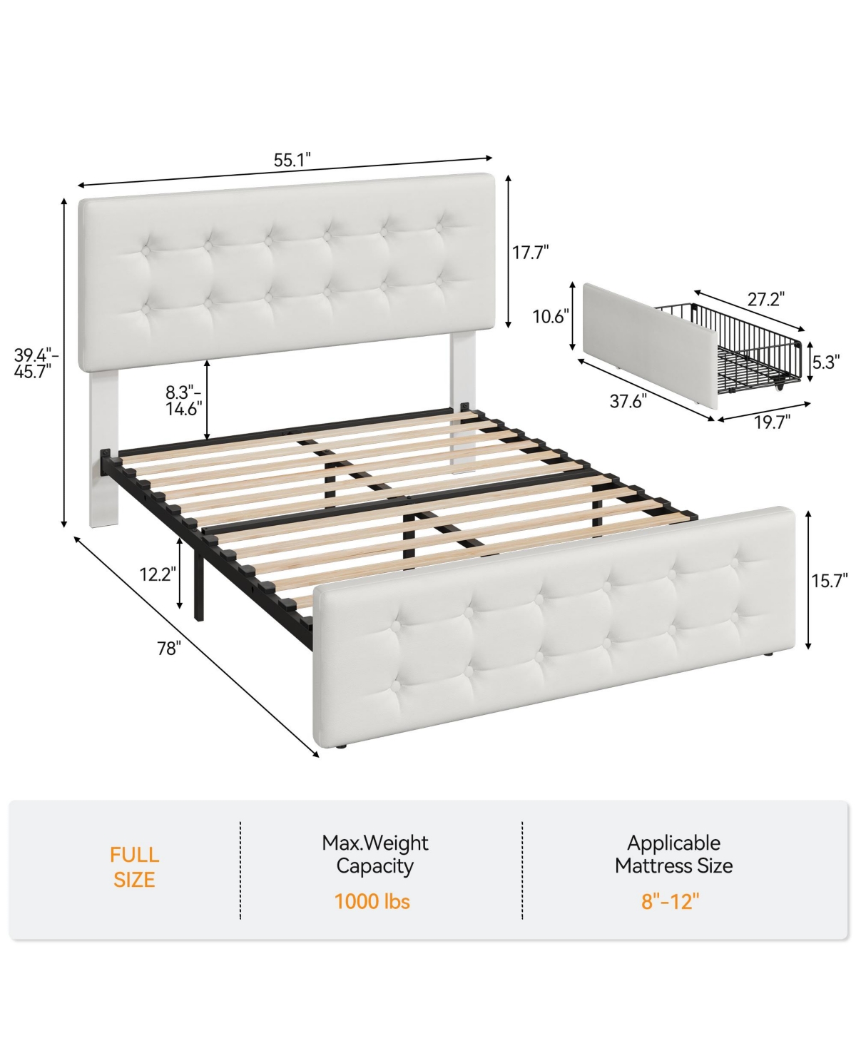 Homfan Upholstered Platform Bed Frame with 4 Storage Drawers, Button Tufted Headboard, Wooden Slats