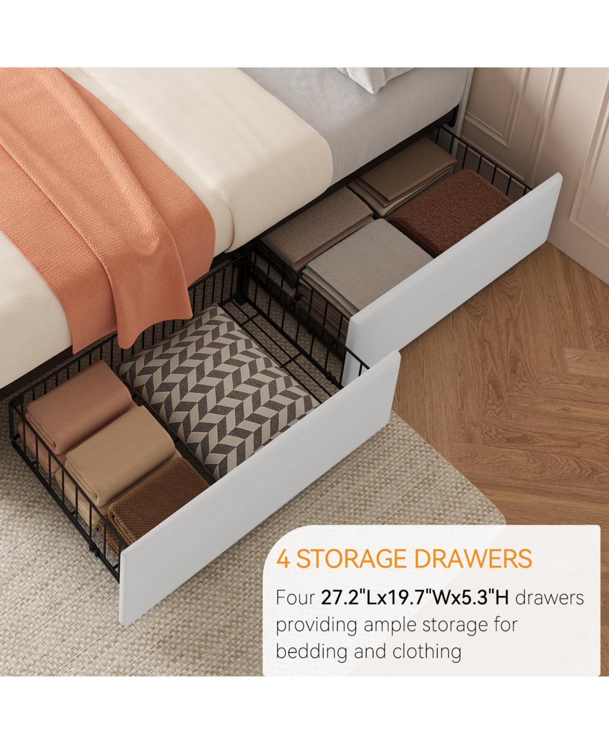 Homfan Upholstered Platform Bed Frame with 4 Storage Drawers, Button Tufted Headboard, Wooden Slats