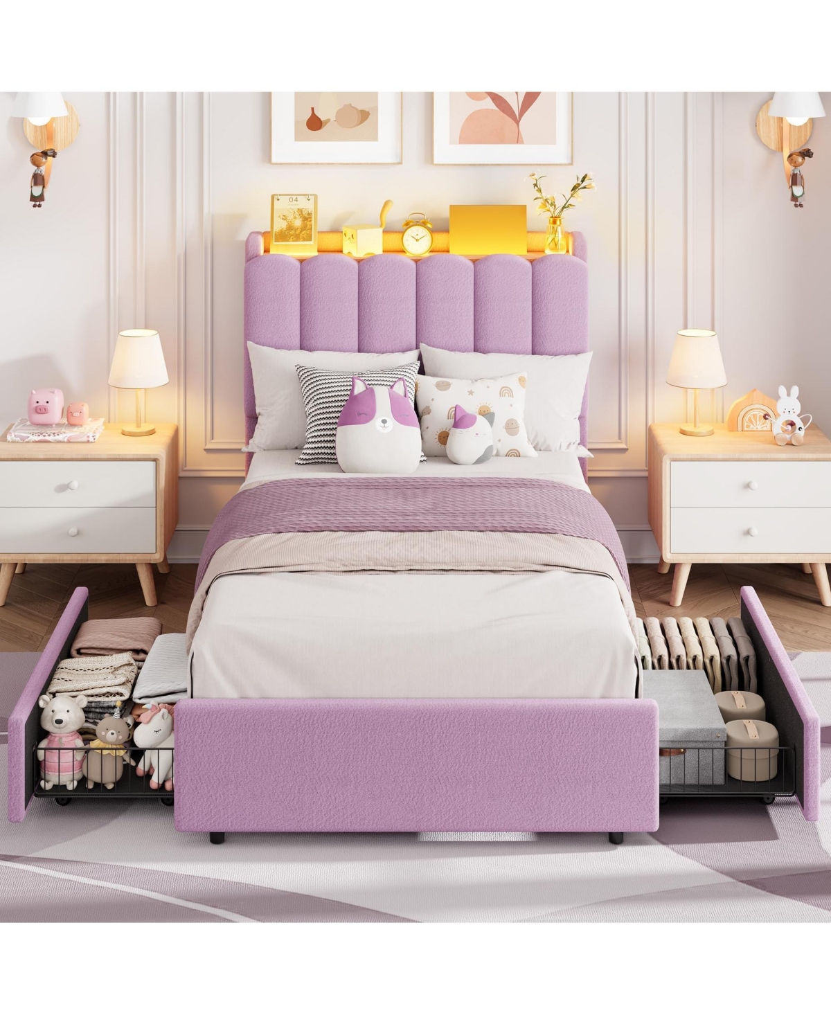 homfan Upholstered Platform Bed Frame with Led Storage Headboard and 2 Drawers
