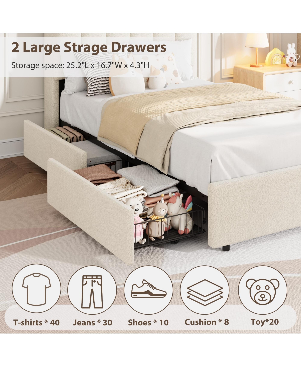 homfan Upholstered Platform Bed Frame with Led Storage Headboard and 2 Drawers