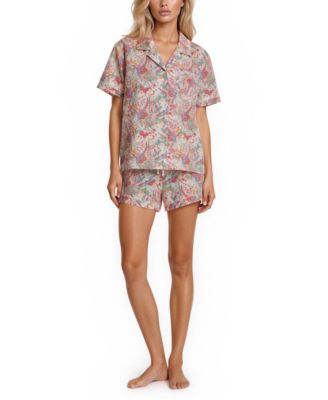 Women's Iconic Print Notch Collar Shirt and Pajama Shorts, 2-Piece Set