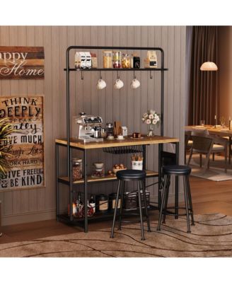 42 Inch Industrial Bar Table with Storage Power Outlet 2 Bar Stools 3 Baker Rack 5 Hooks Microwave Stand Annual Rings Finish