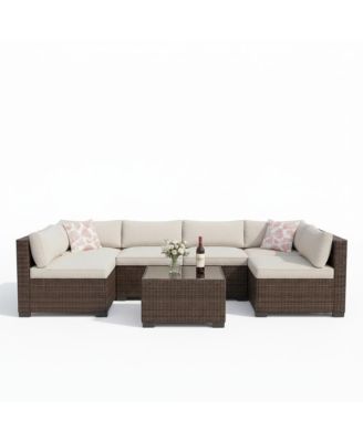 7-Piece Outdoor Sectional Set with PE Rattan Wicker, Thick Cushions and Tempered Glass Coffee Table, Modular Patio Seating
