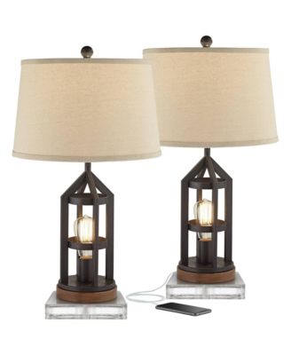 Lucas Western Table Lamps Set of 2 with Square Risers 27.5 Inches Tall USB Charging Port Nightlight Drum Shade for Home
