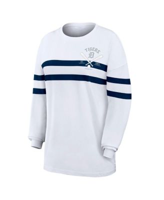 Women's White Detroit Tigers Oversized Long Sleeve Striped T-Shirt