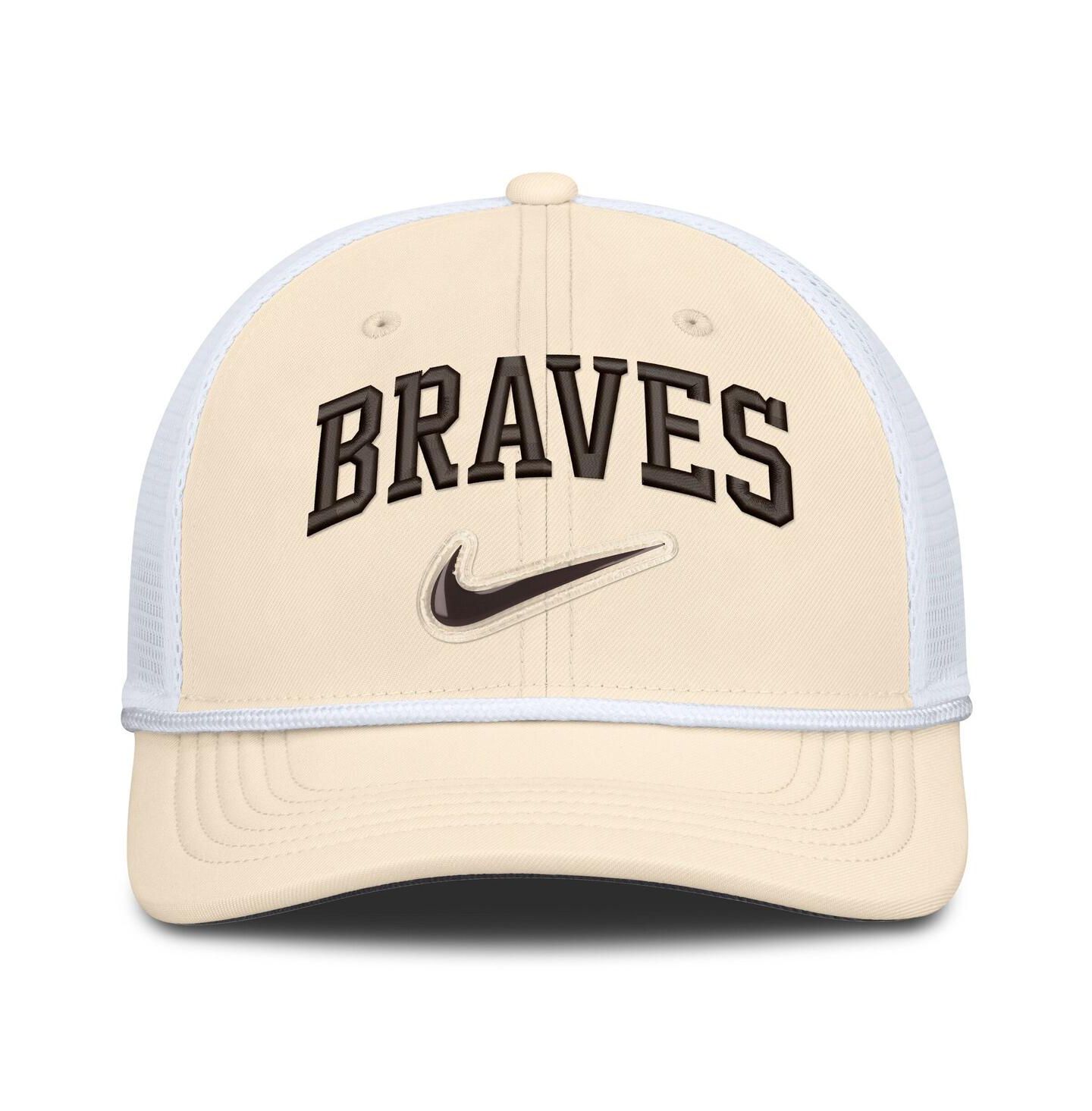 Мужская кепка Nike Natural/White Atlanta Braves Rise Dri-FIT Trucker Adjustable Hat — фото 2