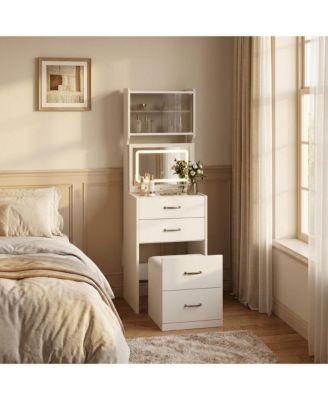 3-in-1 Vanity Desk with 3-Color LED Mirror and Hidden Chair - Small Makeup Table with 2 AC Outlets, Acrylic Doors and Jewelry Box