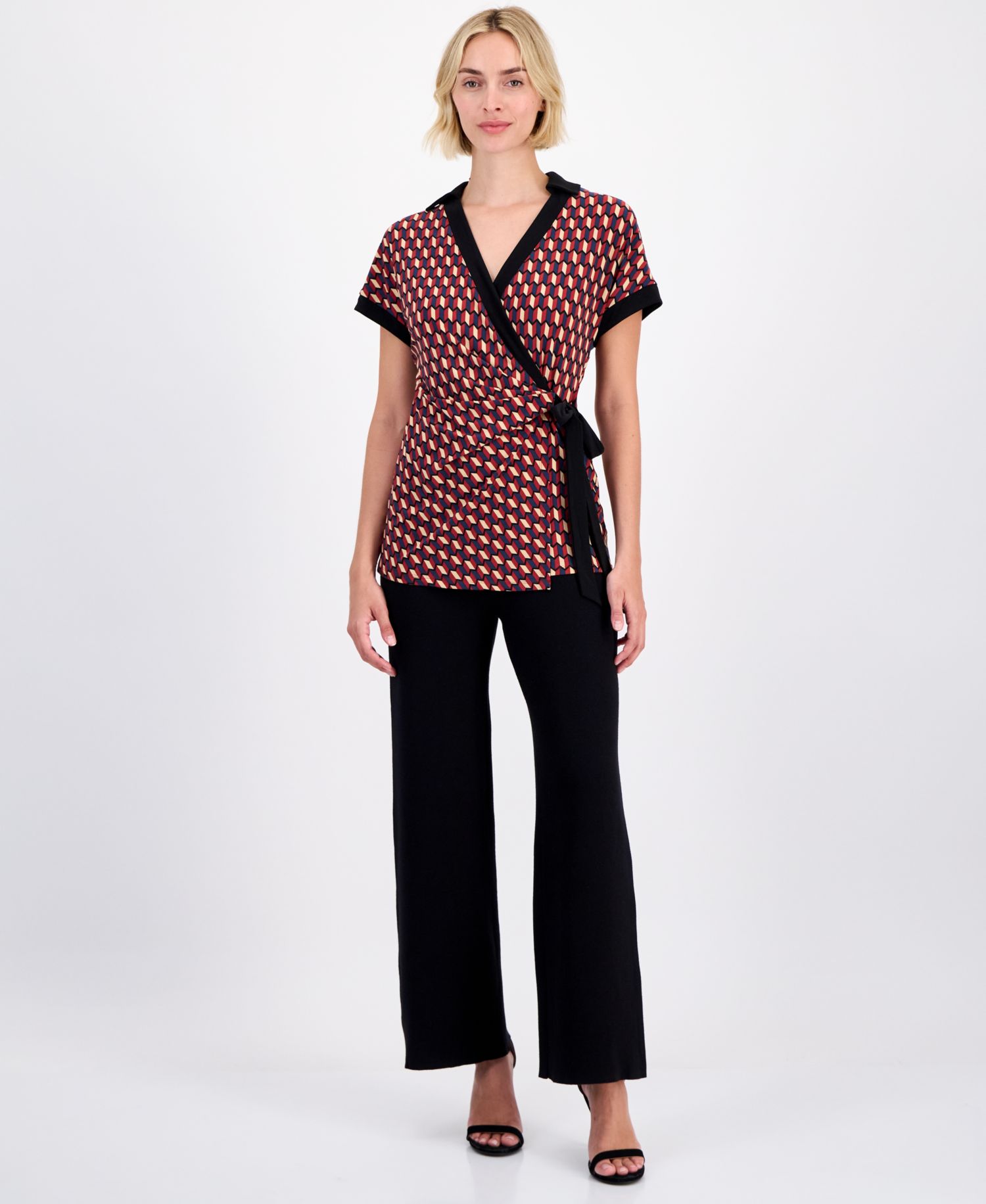 Petite Tie Faux-Wrap Collared Surplice Top