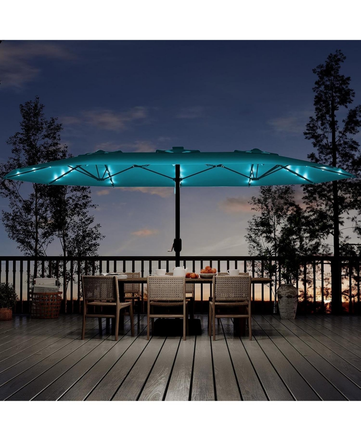 homfan 15FT Double-Sided Patio Umbrella with Solar Led Lights and Base, Uv Waterproof Canopy, 12 Ribs, Double-Layer Fabric, Heavy Frame