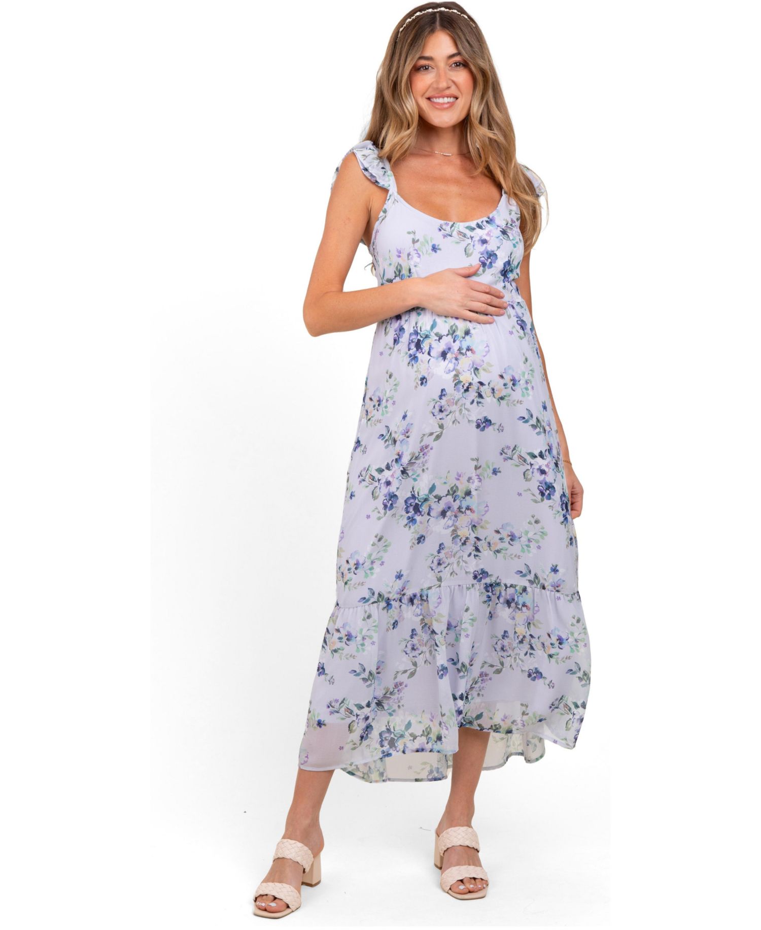 Women's Lilac Floral Textured Open Back Tie Maxi Dress