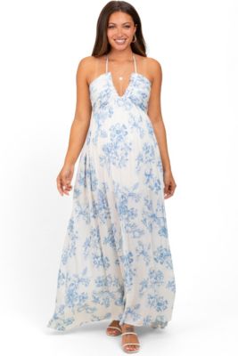 Women's Light Blue Floral Tie-Back Halter Maxi Dress