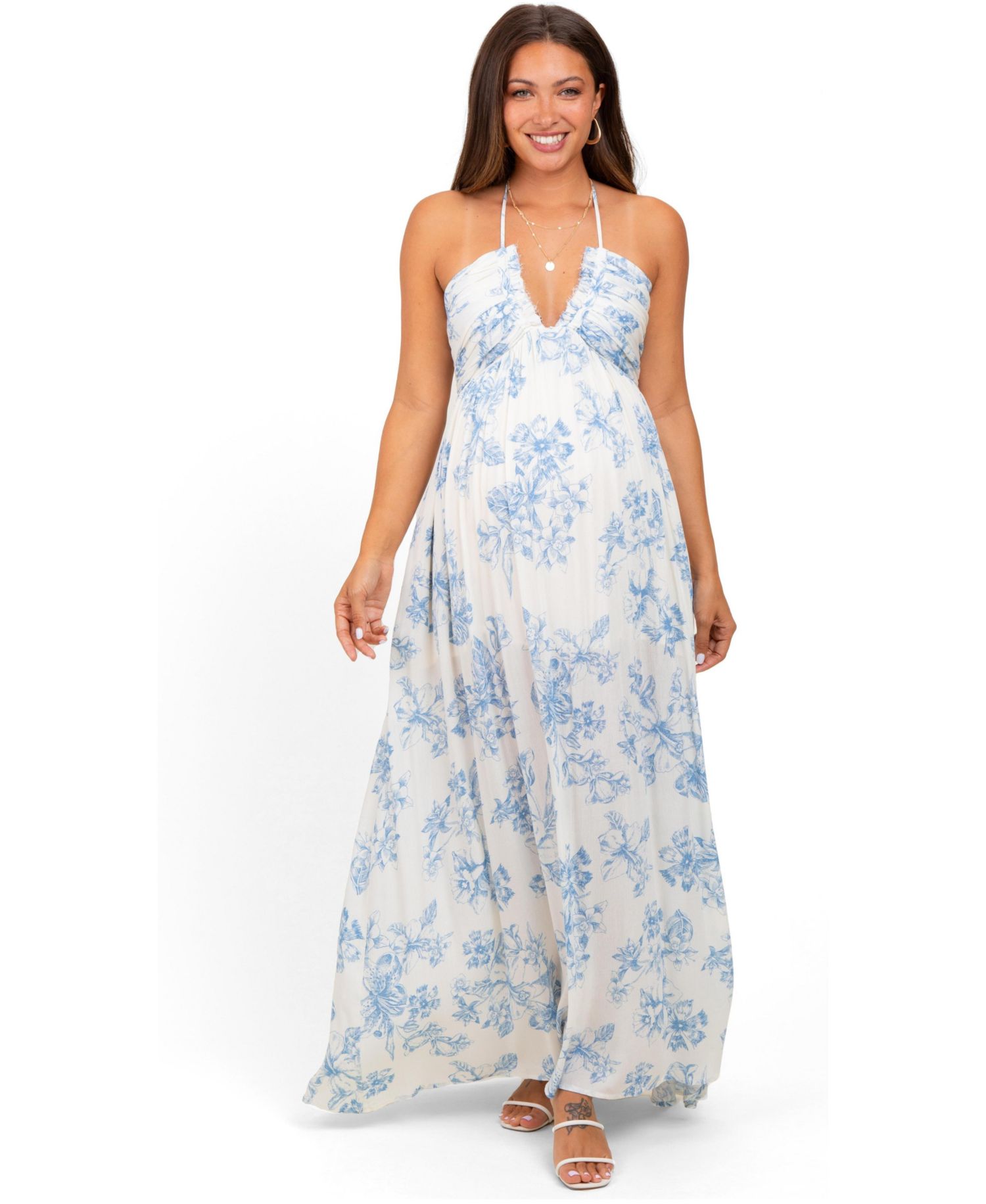 Women's Light Blue Floral Tie-Back Halter Maxi Dress