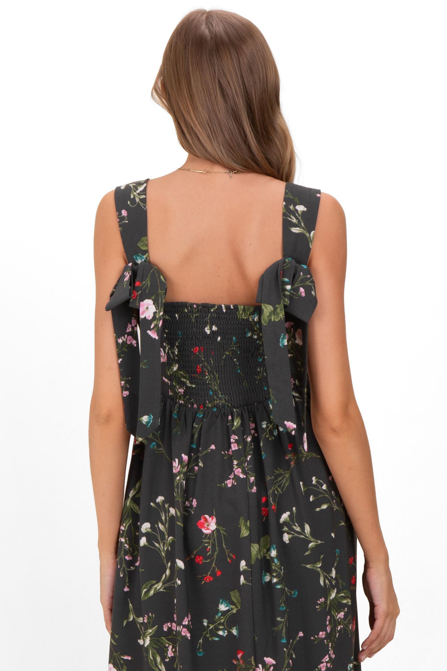 Women's Forest Green Floral Bow Strap Maxi Dress