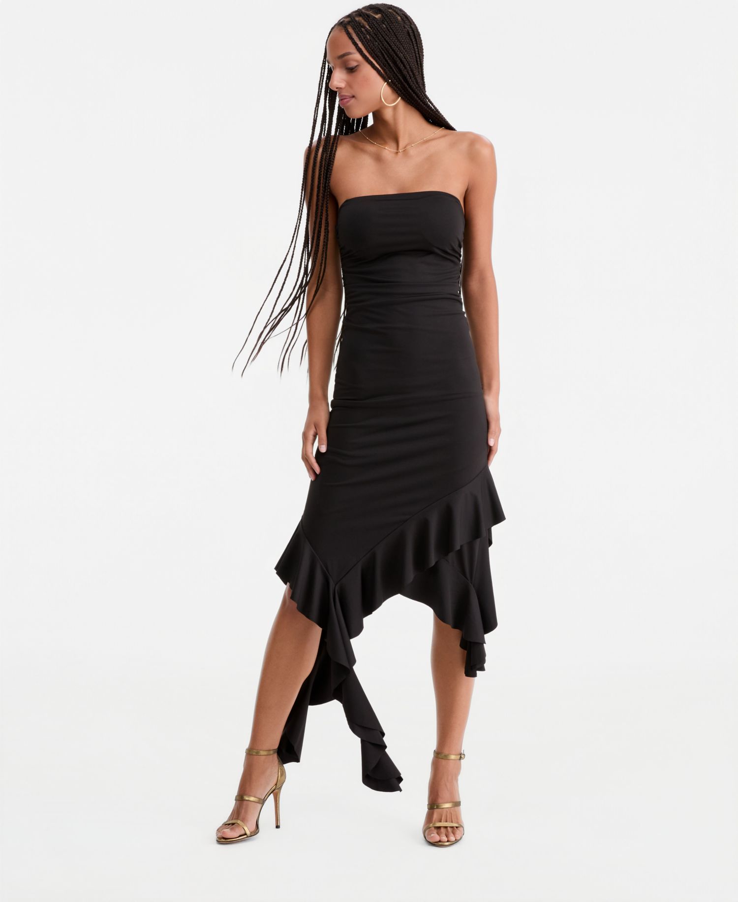 Women's Strapless Ruffled Asymmetric Midi Dress