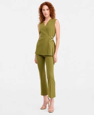 Women's Belted Collarless Wrap Vest & Pull-On Kick-Flare Ankle Pants