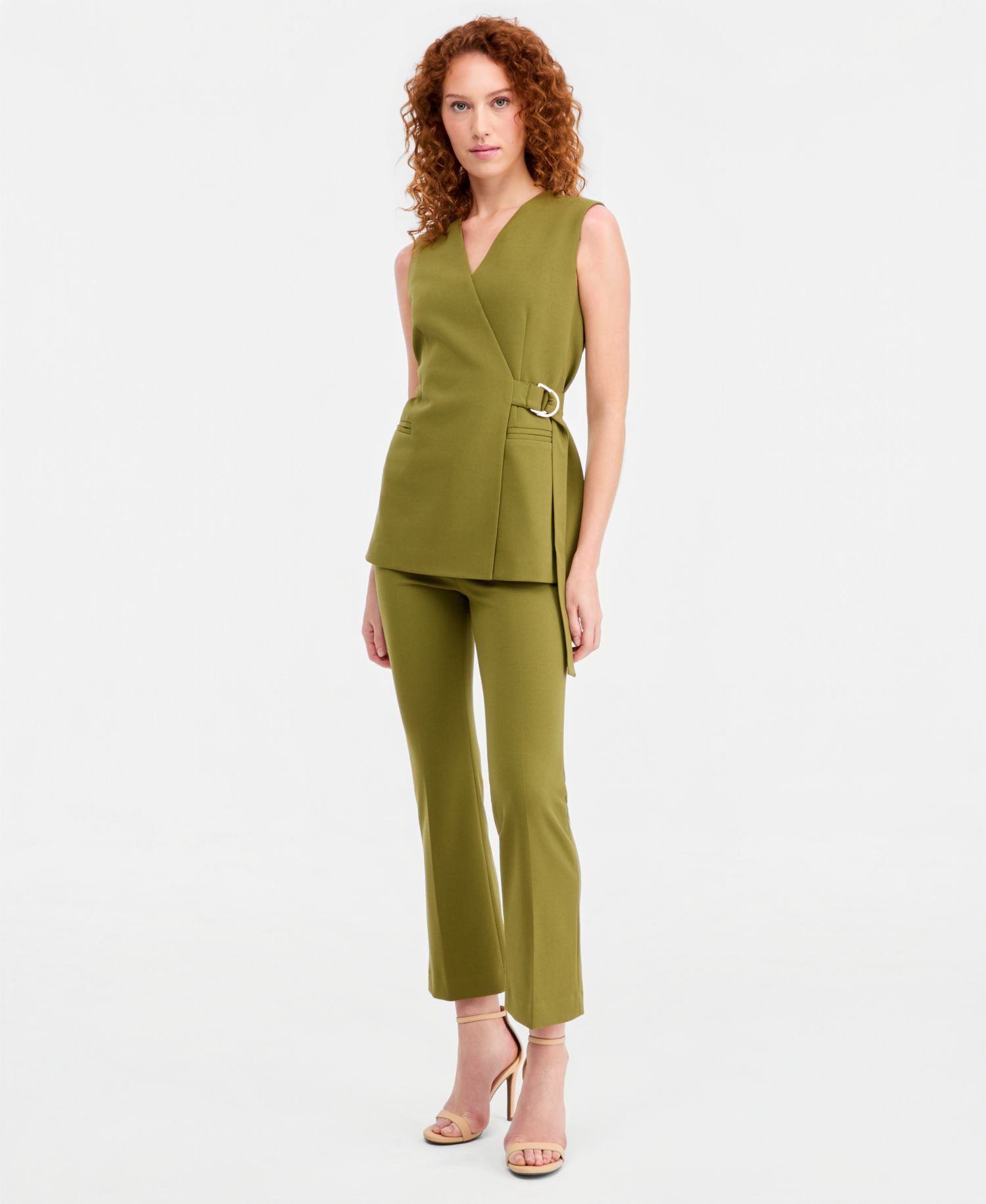 Women's Belted Collarless Wrap Vest & Pull-On Kick-Flare Ankle Pants