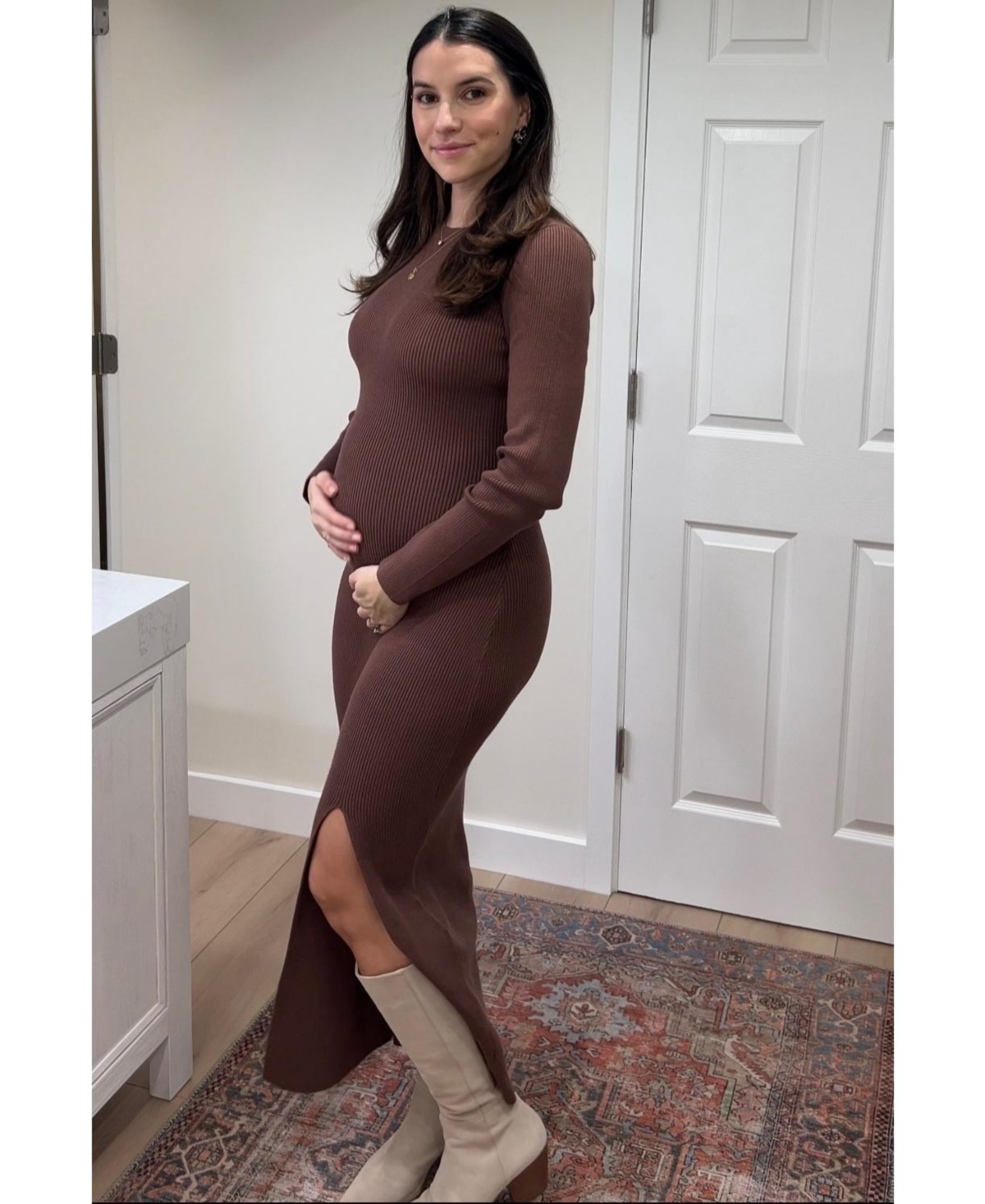 Pinkblush Maternity Mocha Ribbed Knit Long Sleeve Side Slit Maxi Dress
