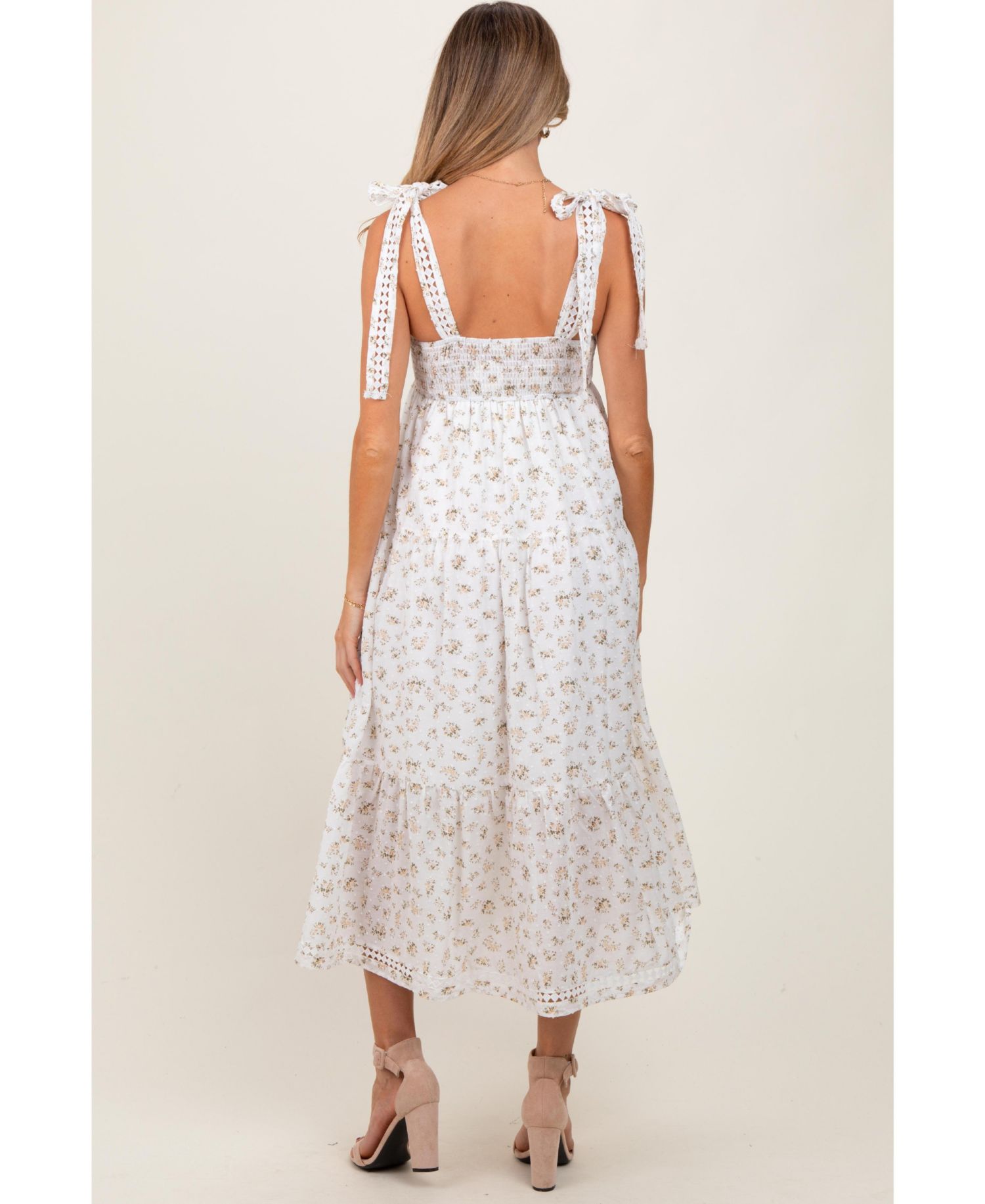 Women's Floral Shoulder Tie Midi Dress