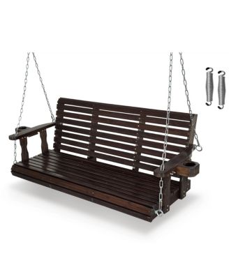 5 Ft 3-Seater Solid Fir Wood Outdoor Porch Swing with Built-in Cup Holders, Heavy-Duty 880 LBS Wooden Hanging Bench