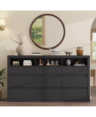 9 Drawer Modern Wooden Dresser with 3 Open Shelves, Handleless Storage Chest for Bedroom Living Room
