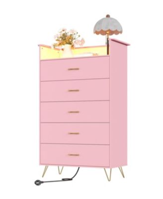 Tall 5 Drawer Dresser with RGB LED Lights and Charging Station, Wood Storage Cabinet for Bedroom