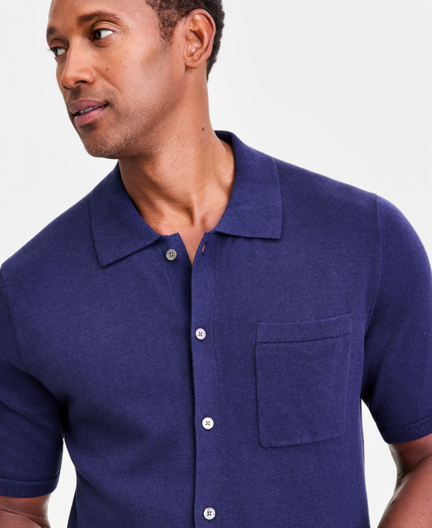Мужской свитер Club Room Short-Sleeve Linen and Cotton Button Sweater Polo Shirt, цвет: Тёмно-синий — фото 2